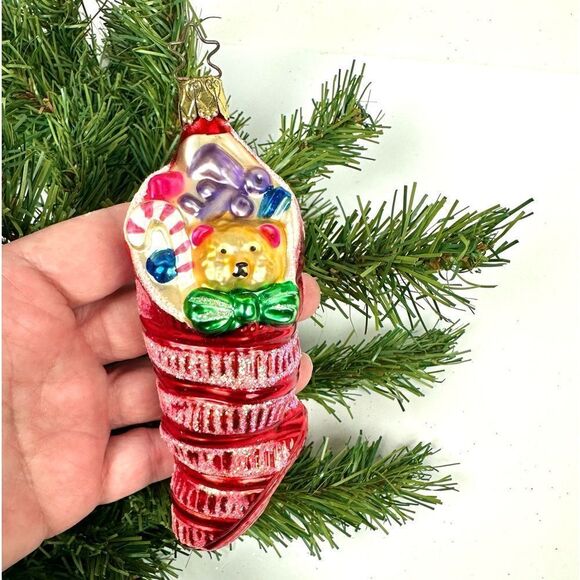 INGE GLAS Germany Stocking with Gifts Blown Glass Christmas Ornament - Picture 1 of 10